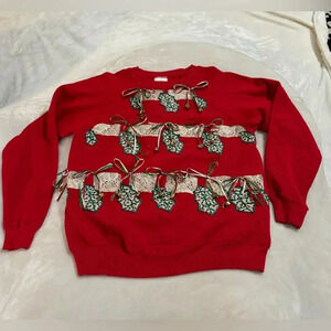 Vintage Hanes Ugly Christmas Sweatshirt Tacky Kitsch Granny Homemade Lace Bells
